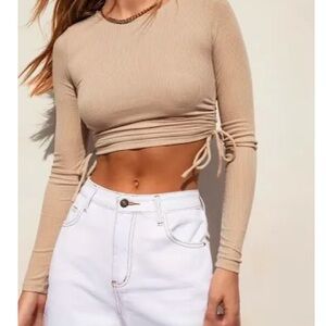 Nasty Gal Tan Long Sleeve Cropped Ruched Blouse